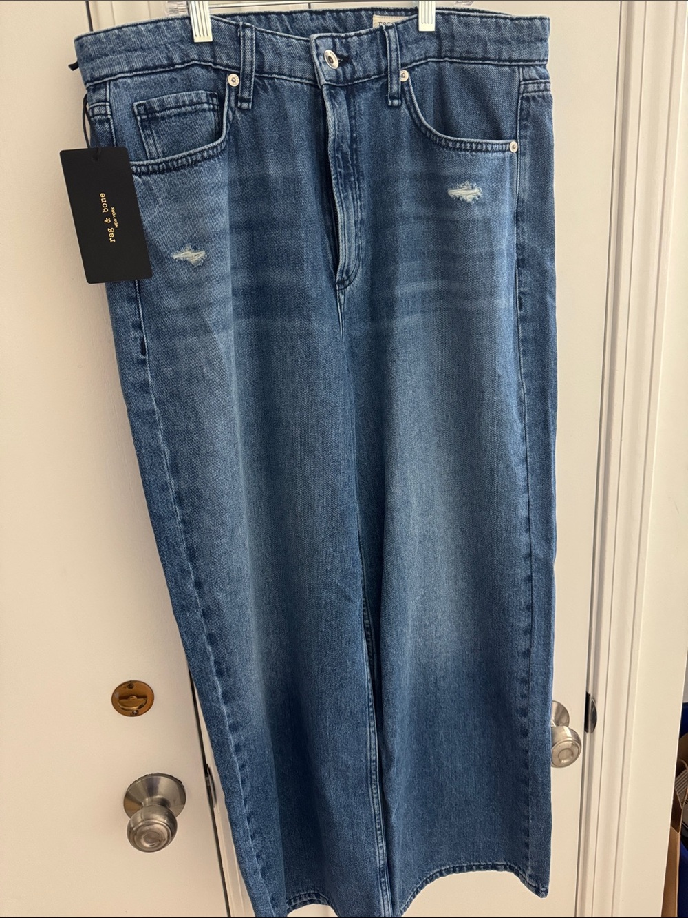 rag & bone Medium Blue Distressed Cropped Jeans